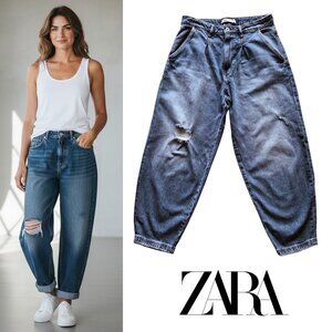 ZARA High Rise Balloon Baggy Leg Barrel Style Pleated Distressed Blue Jeans 8